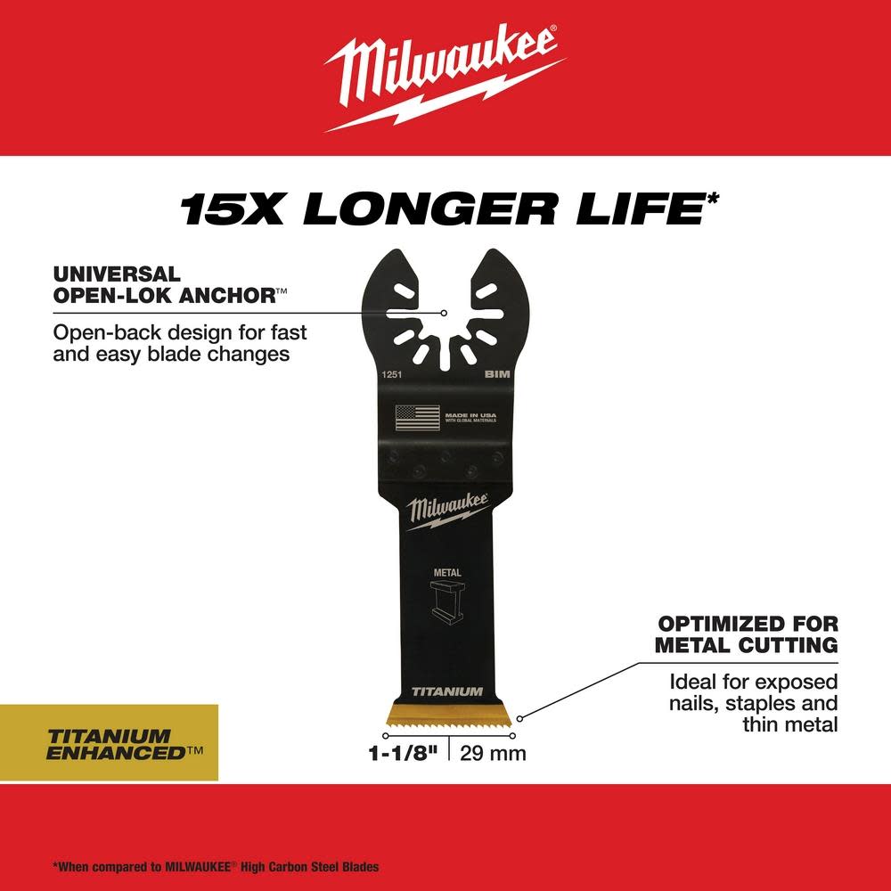 Milwaukee OPEN-LOK 1-1/8″ TITANIUM ENHANCED BI-METAL METAL BLADES 3PK - Ascmtools