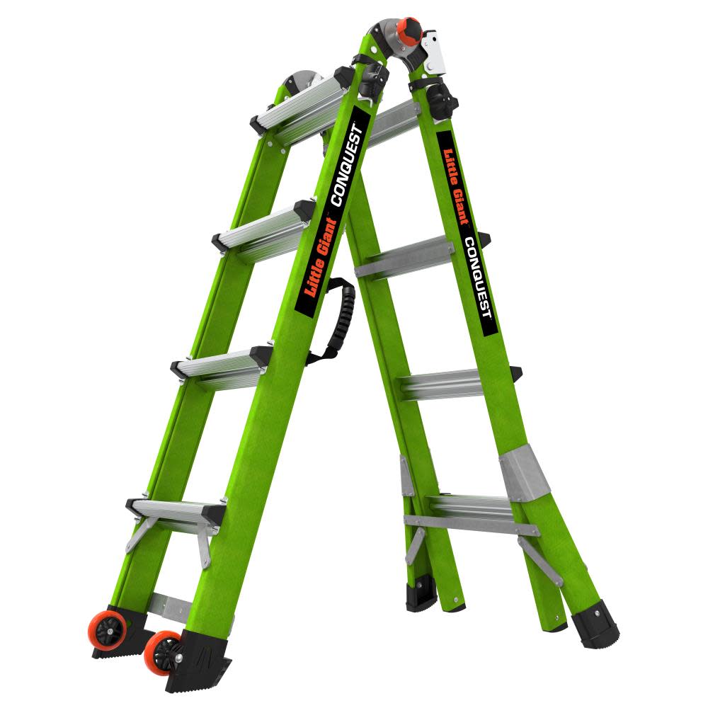 Little Giant Safety Conquest 2.0 Model 17 – ANSI Type 1A – 300 lb Rated – Fiberglass Articulated Extendable Ladder with Accessory Ports Carry Handle V-Bar and Tip & Glide Wheels - Ascmtools