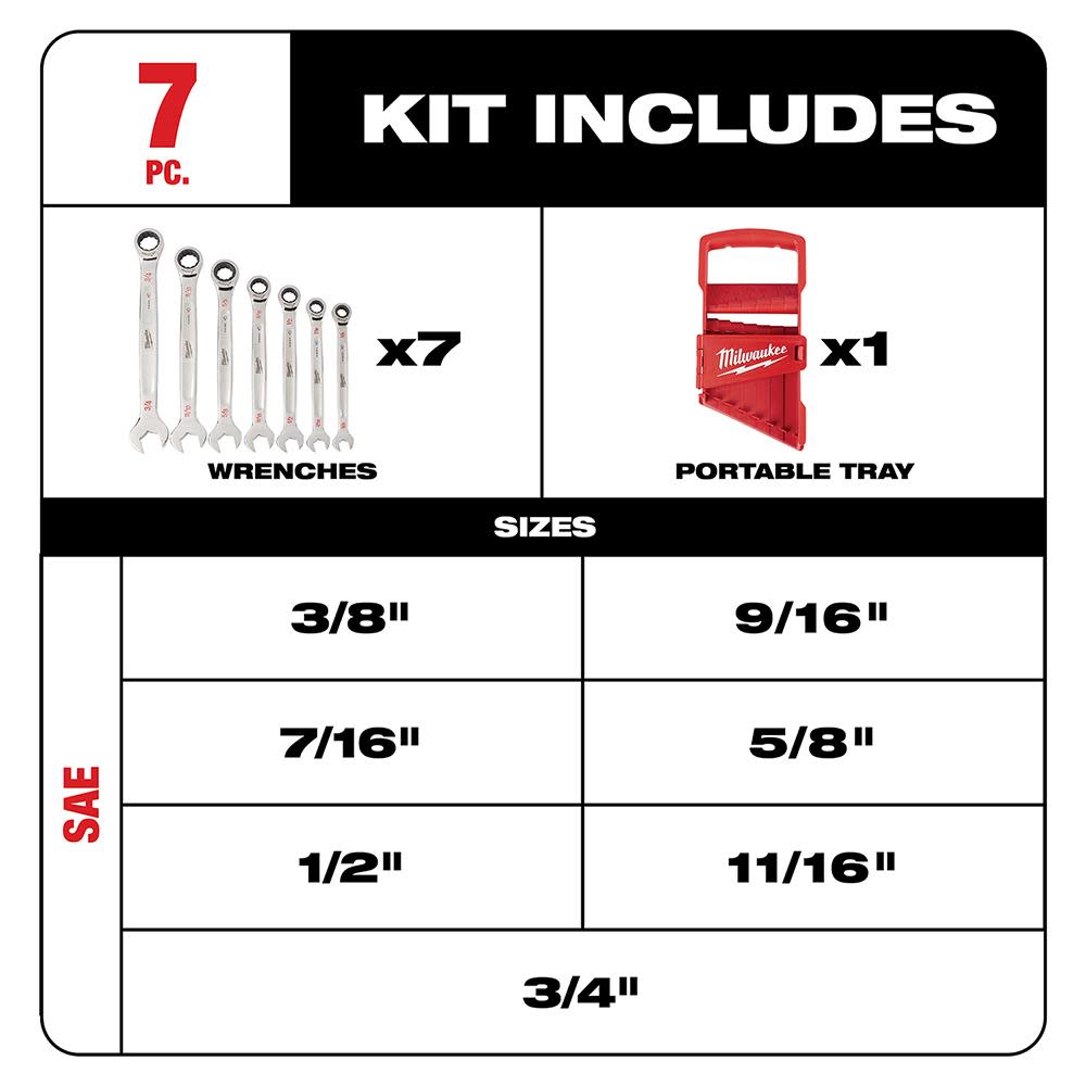 Milwaukee 7pc Ratcheting Combination Wrench Set – SAE - Ascmtools