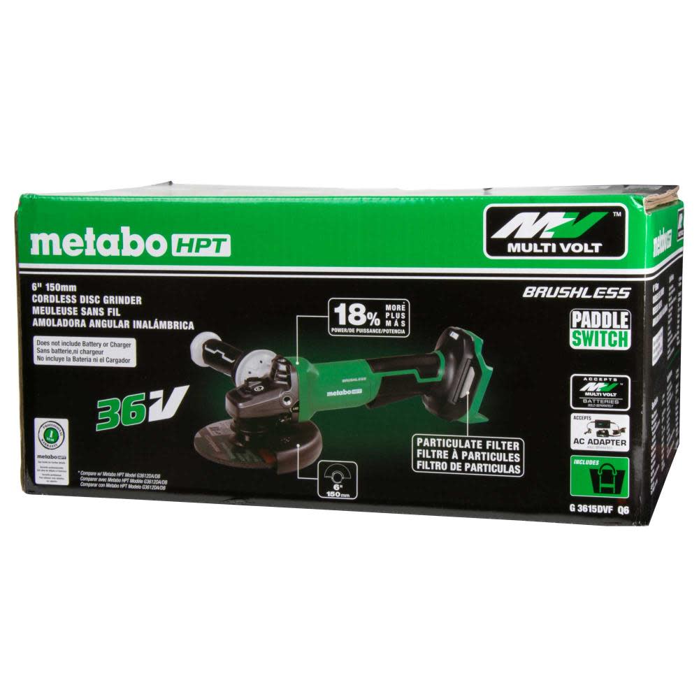 Metabo HPT 36V MultiVolt 6″ Angle Grinder Paddle Switch Variable Speed Cordless Bare Tool - Ascmtools