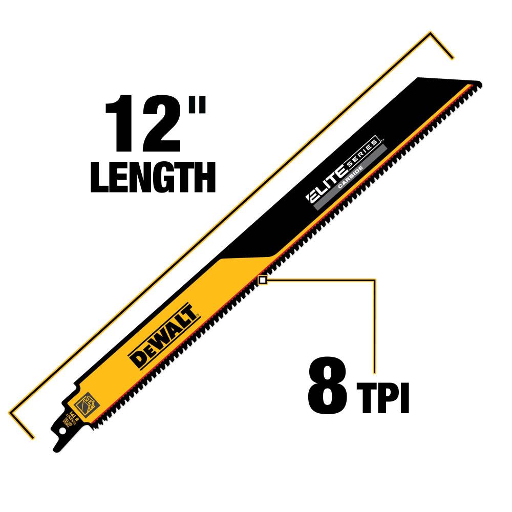 DEWALT ELITE SERIES Reciprocating Saw Blade 1pk Carbide Tipped 12″ 8 TPI Metal Cutting - Ascmtools