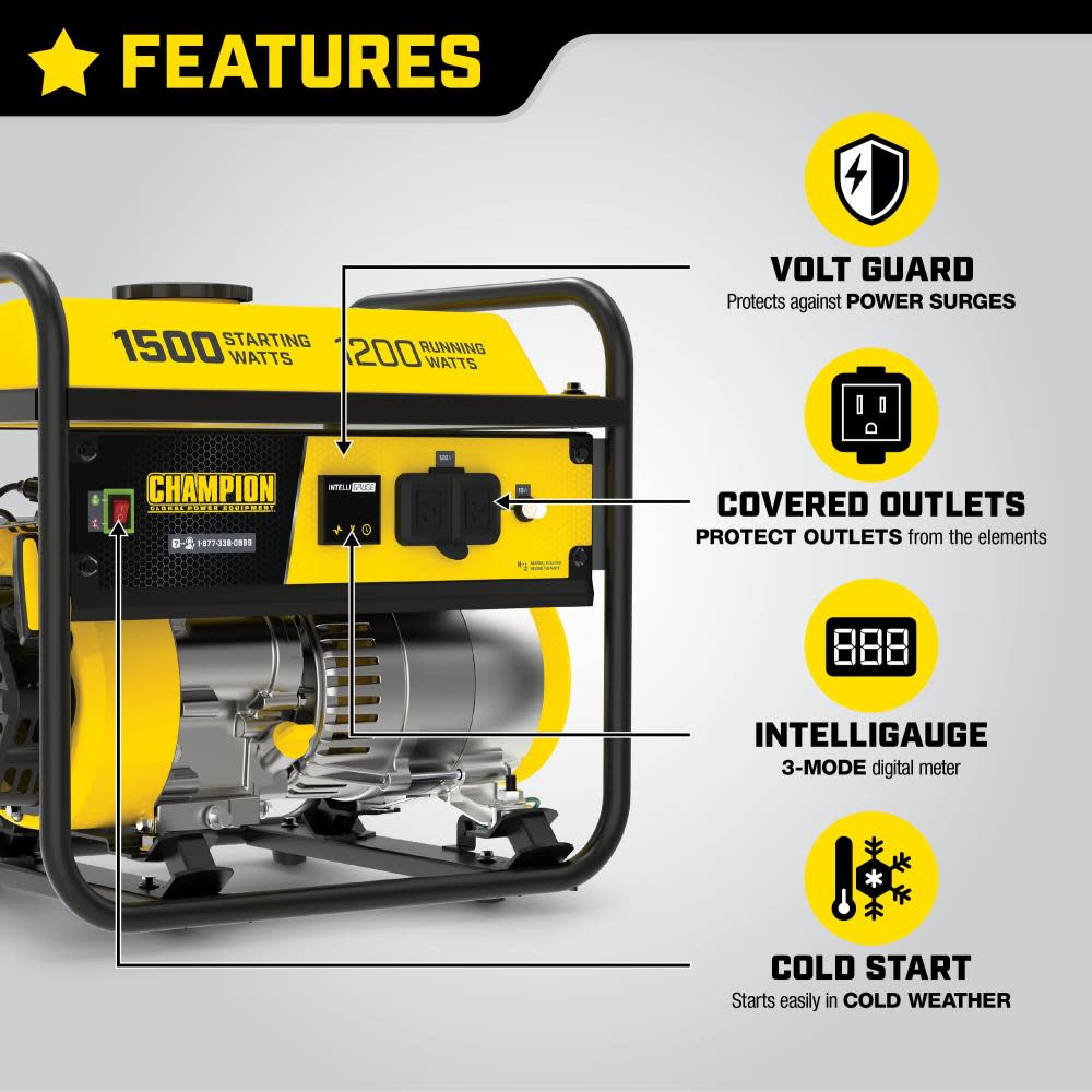 Champion Power Equipment 1200-Watt Multi-Purpose Portable Generator with Cold Start TechnologyEPA Certified and CARB Compliant - Ascmtools