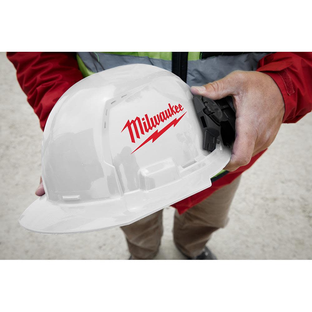 Milwaukee White Front Brim Vented Hard Hat with 6pt Ratcheting Suspension Type 1 Class C - Ascmtools