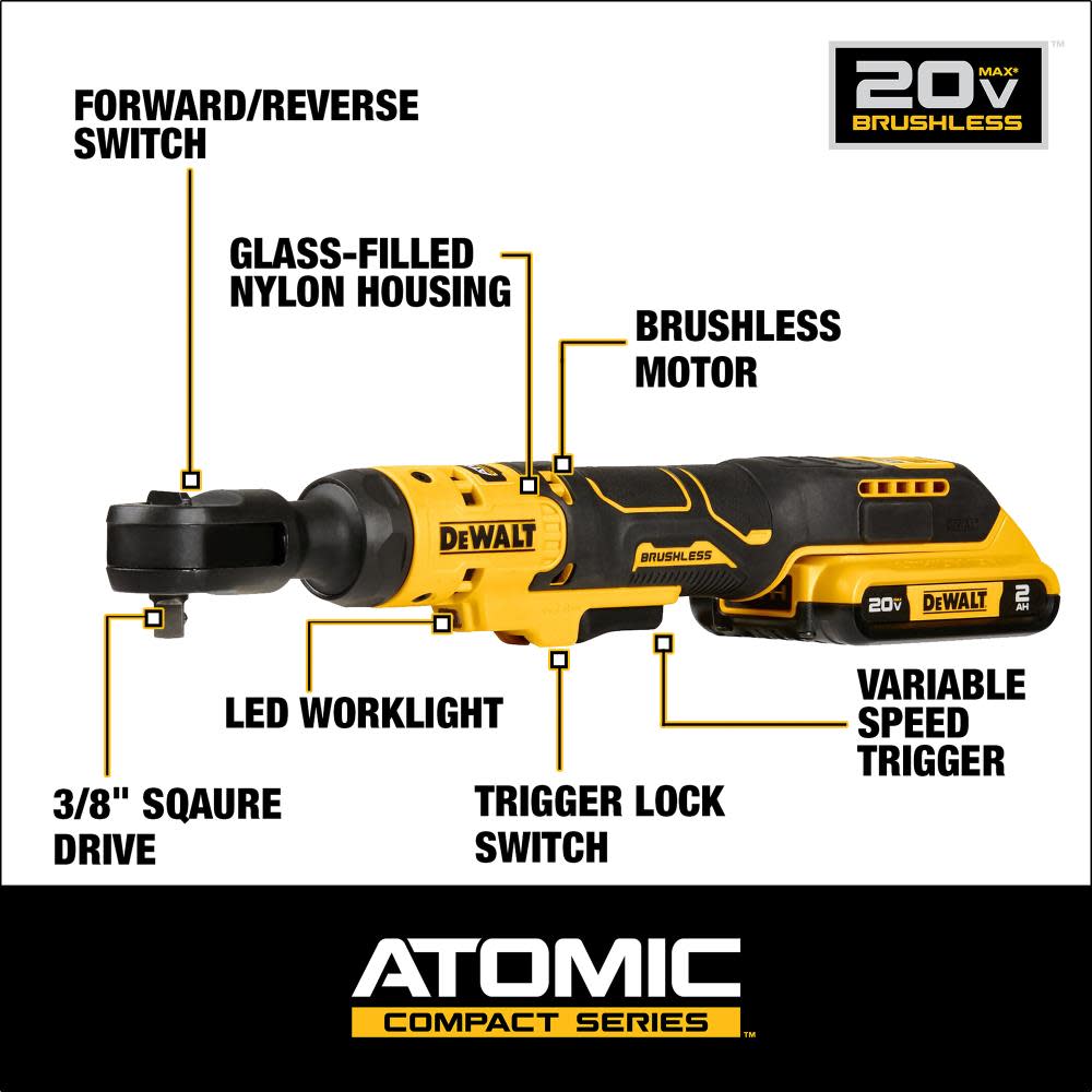 DEWALT ATOMIC 20V MAX Ratchet Kit Brushless 3/8″ - Ascmtools