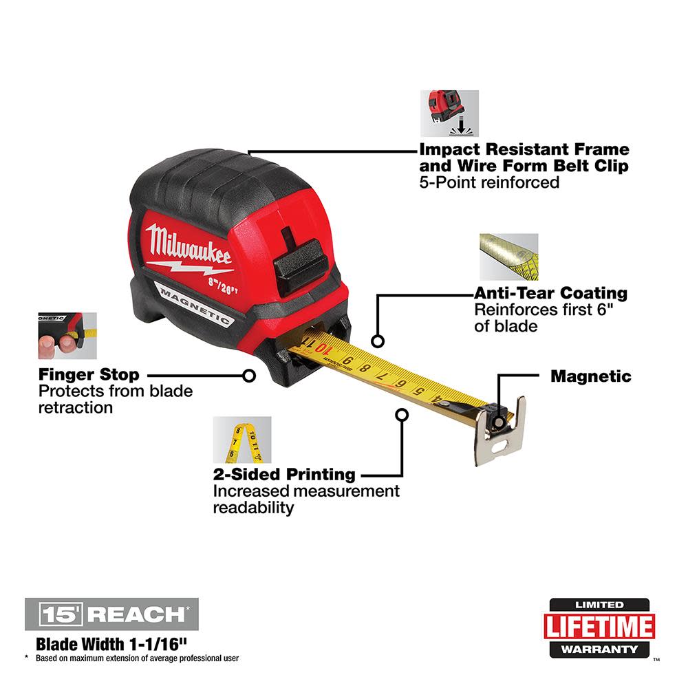 Milwaukee 8M/26Ft Compact Magnetic Tape Measure - Ascmtools