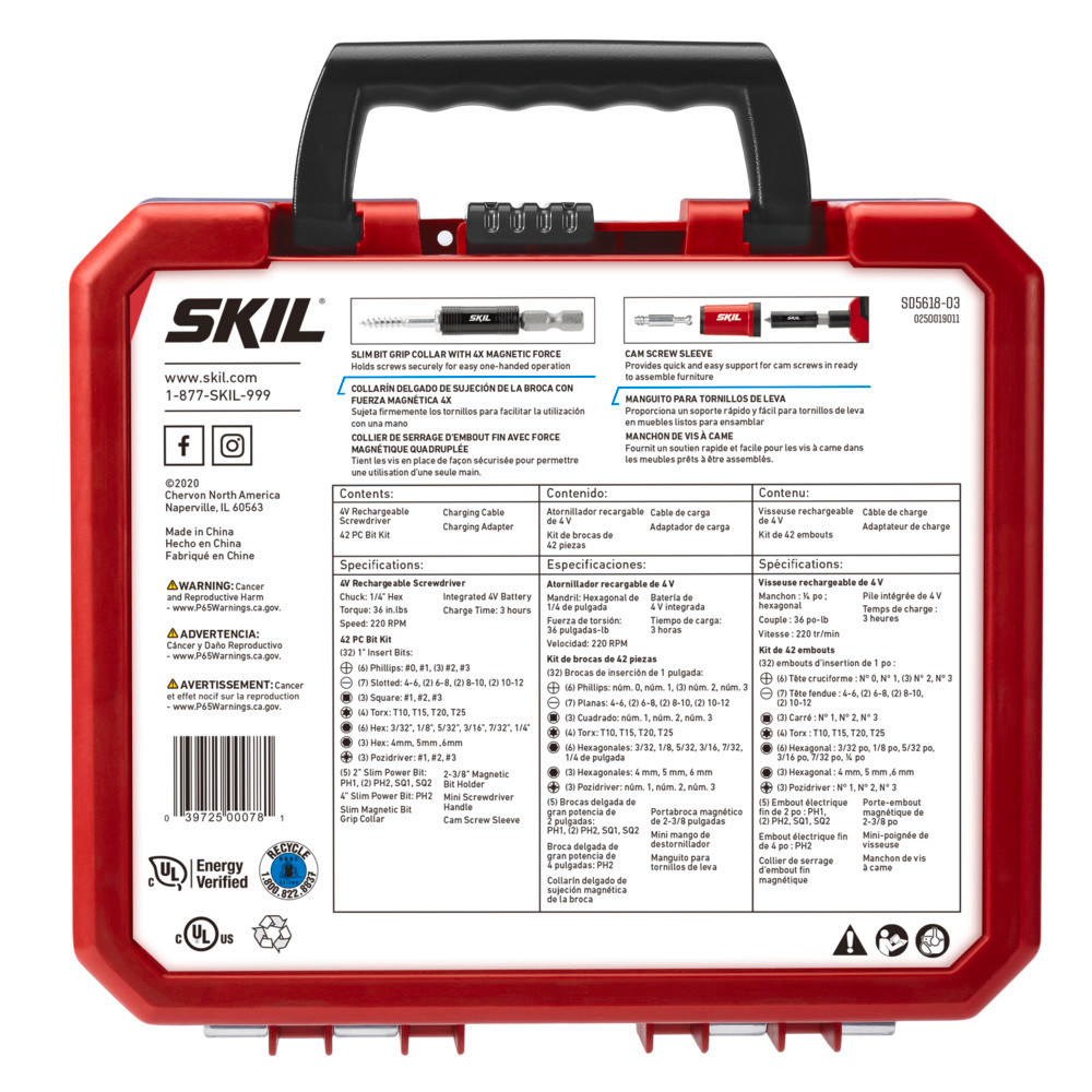 SKIL 4V Screwdriver Rechargeable with 42pc Bit Kit - Ascmtools